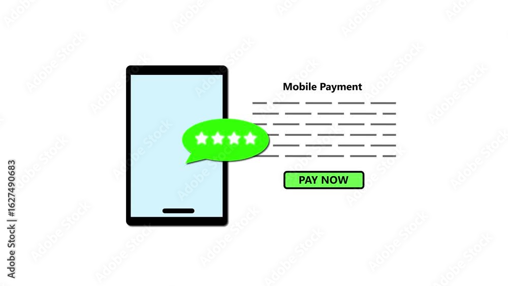 Poster mobile finance technology. payment app and customer review animation. animated smartphone transactio