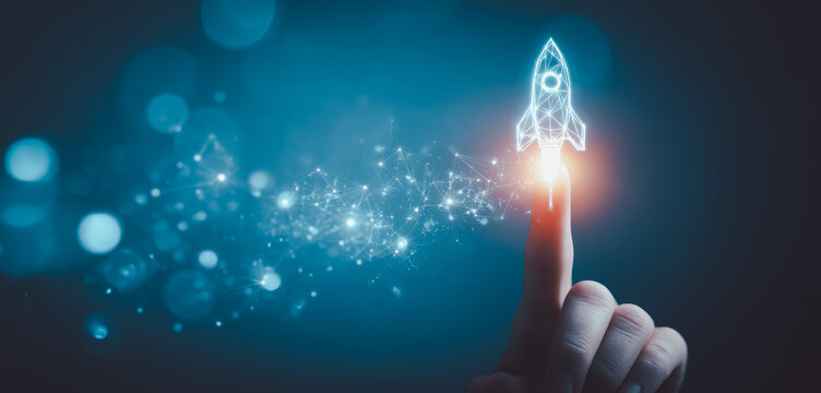 Futuristic hand launching digital rocket with finger touch, symbolizing startup innovation, technology growth, entrepreneurship, and digital transformation in modern business. - Powered by Adobe