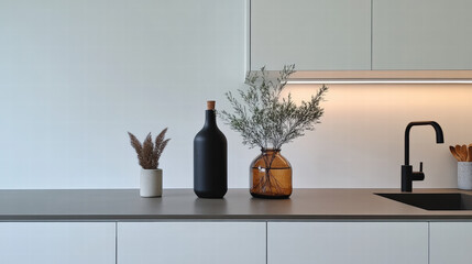 Minimalist kitchen countertop with black faucet, dried plant, black bottle, amber vase