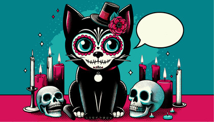 Black cat with skeleton face, Día de los Muertos style, candles and skulls around, pop art vector poster with empty speech bubble