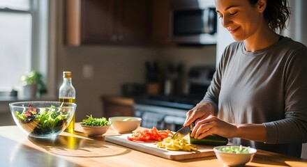 Woman preparing vegetables in a kitchen with natural light on a wooden countertop. A bowl of salad and ingredients are nearby creating a healthy eating scene.