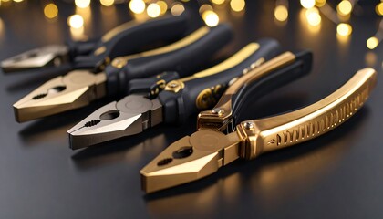 Three gold and gray pliers on a dark surface