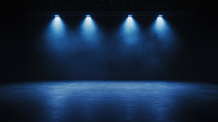 Spotlight, empty stage, blue light, dramatic, moody Empty stage with blue spotlight beams