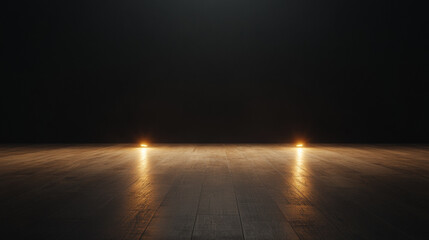Wooden floor illuminated by warm spotlights, dark background, moody atmosphere, empty stage