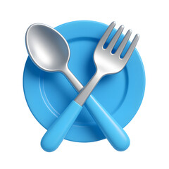 3D fork and spoon icon, blue plate with silver cutlery crossed, isolated on transparent background
