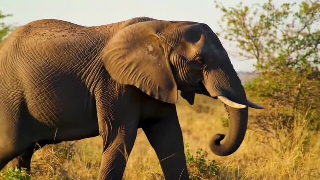 Majestic African Elephant Walking Through Golden Savannah Grassland
