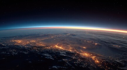 Obraz premium Night view of Earth from space, showing city lights and a sunrise (1)