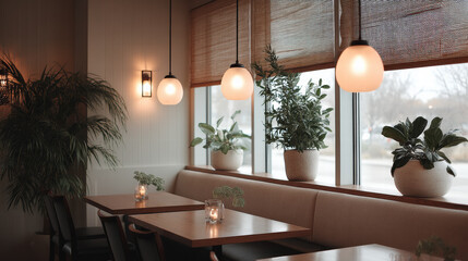 Modern restaurant with elegant seating, pendant lighting, cozy atmosphere, indoor plants