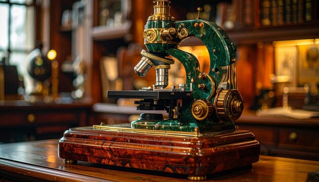 An antique microscope sits prominently on a wooden surface, showcasing intricate details.