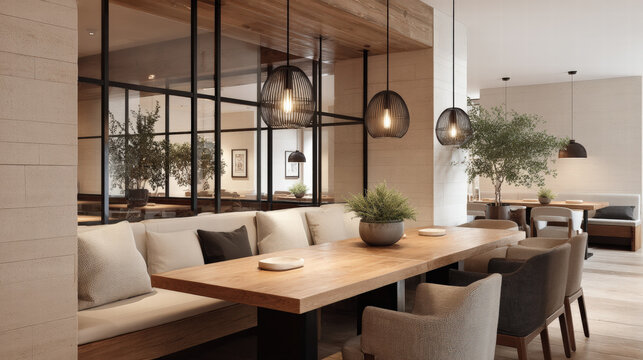 Modern restaurant with elegant seating, pendant lighting, wood table, cozy atmosphere