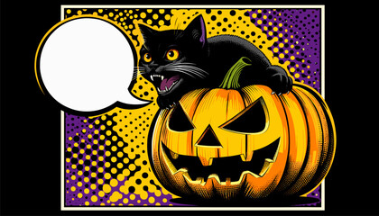 Hissing black cat over jack-o'-lantern, retro pop art vector in purple and yellow colors
