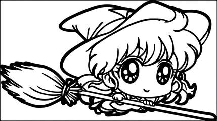 Cartoon witch flies on a broomstick, wearing a hat, line art for coloring page