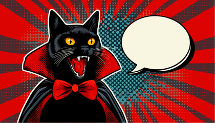 Hissing black cat in vampire cape and bowtie, pop art vector background with speech bubble