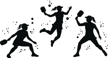 Silhouettes of female athletes playing pickleball, dynamic action, paddle sport, fitness theme, energetic movement, sports illustration, competitive game, active lifestyle