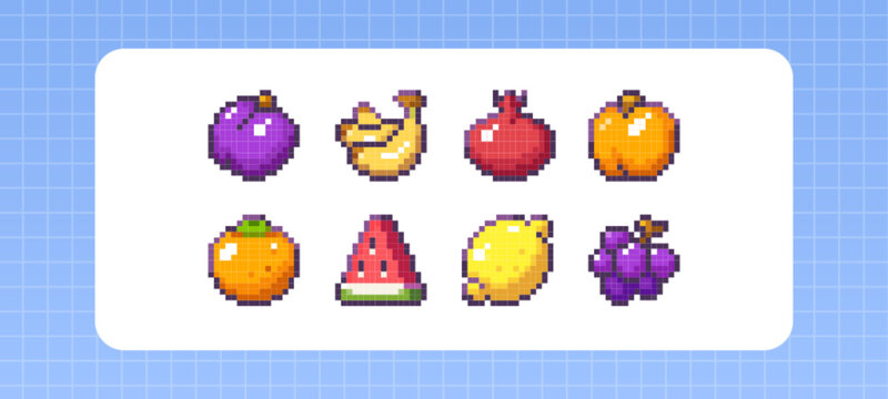 Pixel art fruit set - retro 8 bit style plum and persimmon, grapes and apricot, watermelon slice with lemon, banana bunch, pomegranate icons. Colorful digital gaming food for mobile apps, indie games