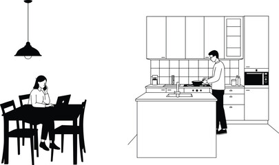 interior, dining area with people, multitasking lifestyle, cooking and working, home design, contemporary setup, stylish furniture, cozy ambiance