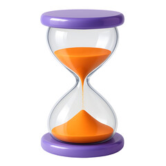 3D glass hourglass icon, orange sand timer with purple frame, isolated on transparent background