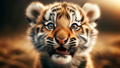 Obraz premium Tiger cub with expressive eyes and fluffy fur lying on a tree stump in warm forest light. Children's books, wildlife branding, educational posters. Cute animal-themed illustrations.