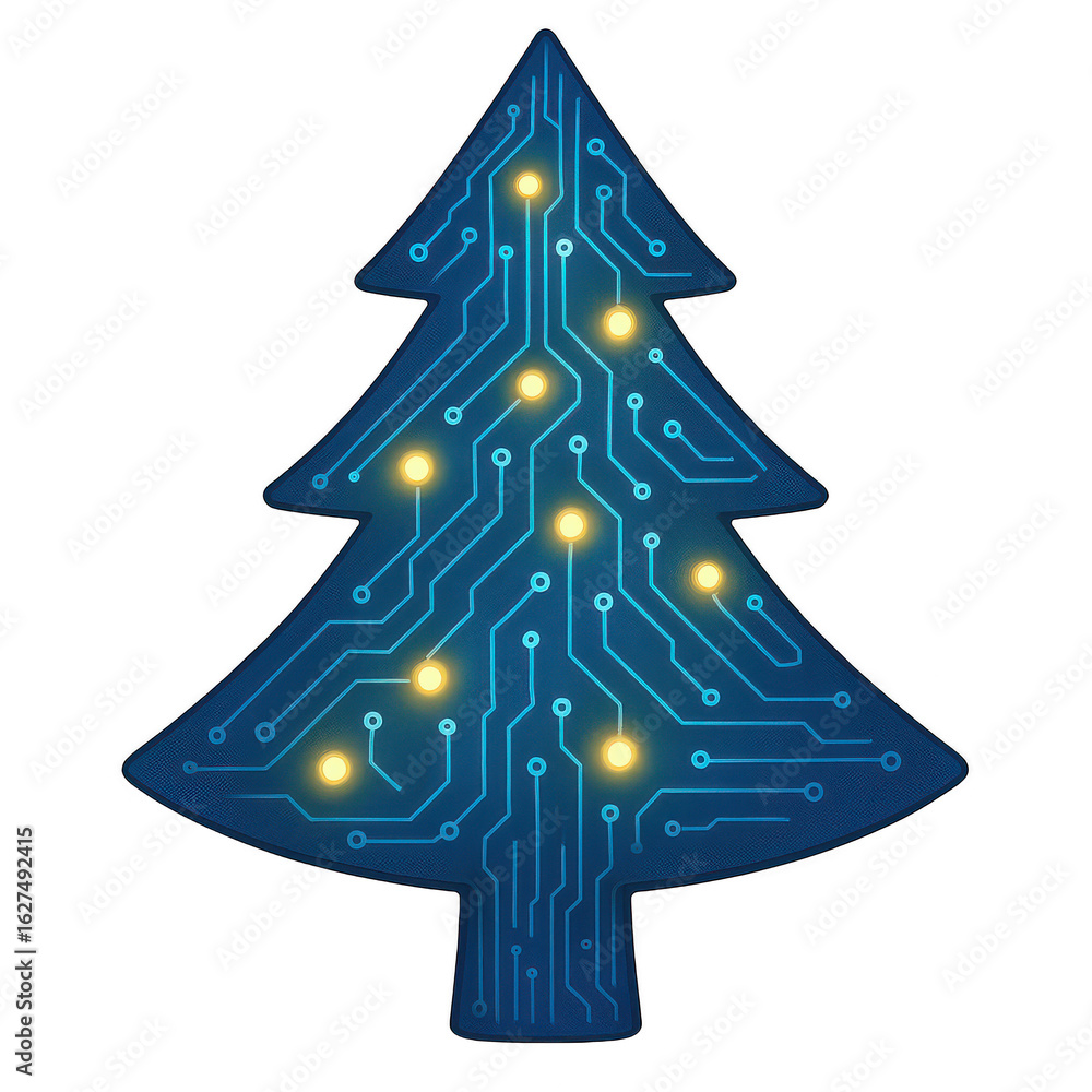 Poster futuristic christmas tree design embodying technology and festive illumination with circuit board pa