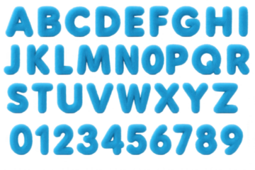 Fluffy Blue Alphabet and Number Set with a Soft, Inviting Texture and 3D Rendering
