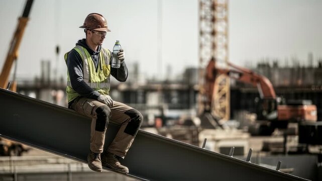 Male construction worker sipping water on a steel beam at a building site, showing a break during construction work.