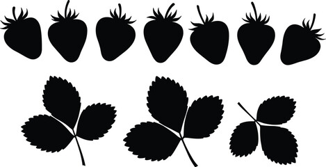 Silhouette of strawberries, leaves, botanical elements, vector art, nature design, black and white, illustration, decoration, pattern, high-quality image