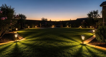 Eco friendly backyard scene at dusk with solar powered lights illuminating a green lawn and creating a sustainable outdoor environment