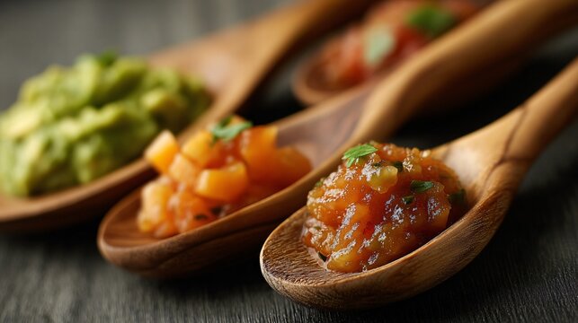 Flat lay of wooden spoons dipping into peach salsa and avocado spread