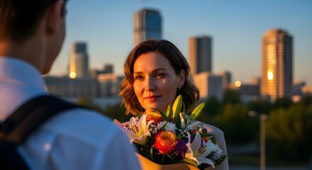 Fototapeta premium Woman receives bouquet from man at golden hour in urban setting featuring skyscrapers and warm lighting