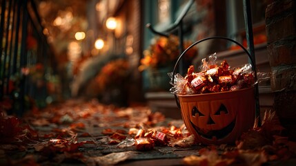 Jack-o'-Lantern Candy Bucket Overflowing with Wrapped Sweets on Autumn Porch perfect for Halloween event promotions, trick-or-treat safety guides, seasonal home decor ads, and candy brand campaigns