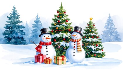 Two snowmen with Christmas trees in a snowy landscape