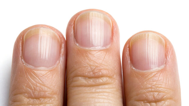 Close up of three human fingers with pale nails and visible lines