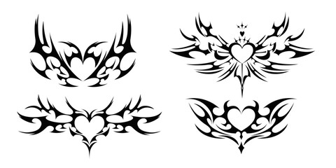 Gothic heart frame designs with tribal wings - black ornamental silhouettes for tattoo art, decorative borders with spiky elements, dark romantic vector graphics for mystical themed projects. © klyaksun