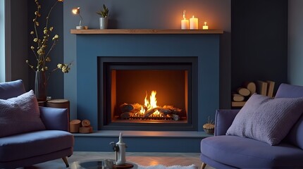 Cozy Blue Living Room with Fireplace and Armchairs