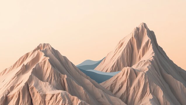 A minimalist rendering of two mountains with a blue river between them under a pastel sky backdrop