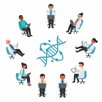 Diverse group of scientists in lab coats, seated around a DNA symbol, working collaboratively on research.