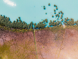 Lake Balaton in Hungary. Beach textures with boats with reeds and piers, aerial view