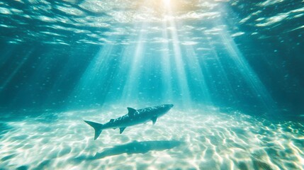 Fototapeta premium Underwater View of Sturgeon Swimming Across Sunlit Sandy Ocean Floor perfect for marine conservation campaigns, oceanography content, wildlife documentaries and aquarium promotions