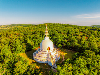 The snow-white Zalaszanto Peace Stupa, a Buddhist building and religious center near Lake Balaton...