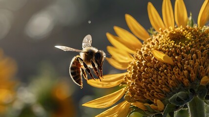 A honeybee approaching a bright yellow sunflower with a blurred background in the sunlight