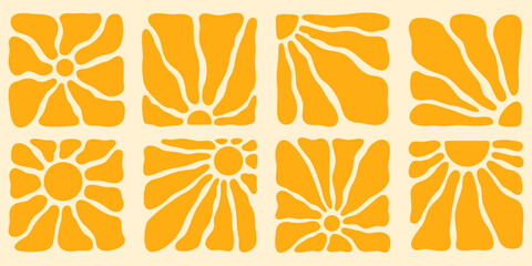 Boho groovy sun patterns with abstract yellow shapes and retro floral designs for vintage backgrounds or decorative wallpaper in bohemian style. Modern artistic elements for creative design work.