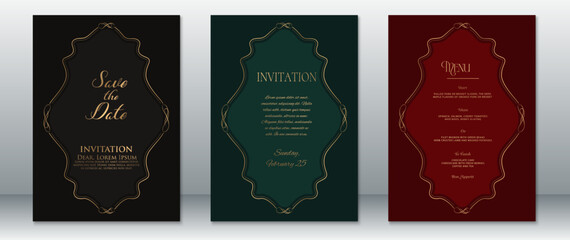 Sophisticated wedding invitation set designed with ornate gold frames on rich black, emerald-green, and burgundy backgrounds. Includes Save the Date, Invitation, and Menu templates.