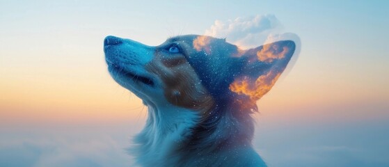 Dreamy Double Exposure of Corgi Against Starry Sky Creating a Magical and Surreal Atmosphere