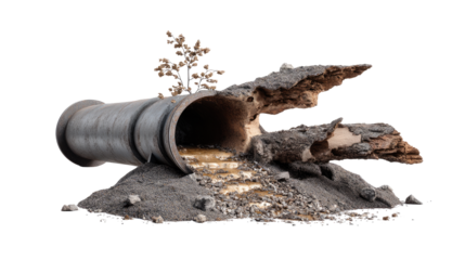 Broken Pipe and Green Growth: A close-up shot of a weathered broken pipe, spewing out a murky liquid, serves as a metaphor for environmental damage.