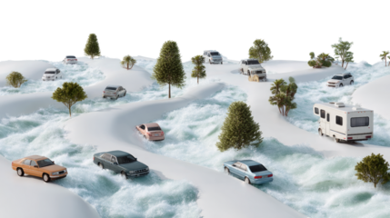 Scenic Drive with Various Vehicles: A winding road weaves through a snowy landscape, populated by a variety of cars and recreational vehicles. Evoking a sense of travel, adventure.