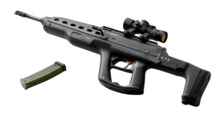 Modern Assault Rifle: A sleek, modern assault rifle, complete with a scope and magazine, poised and ready for action, exuding power and precision.