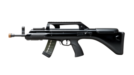 Modern Assault Rifle: A sleek, black assault rifle, designed with ergonomic precision, stands out in sharp focus, a symbol of power and tactical advantage. Its details are immaculate.