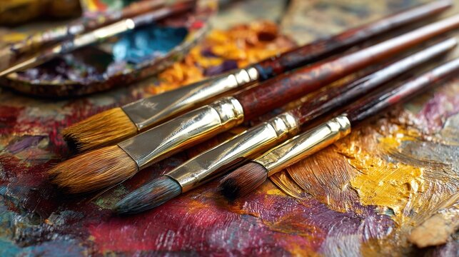 The vibrant arrangement of artist brushes on a colorful palette.