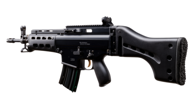 Assault rifle in focus: A close-up shot of a detailed black assault rifle, showcasing its modern design and intricate mechanics, set against an uncluttered background.