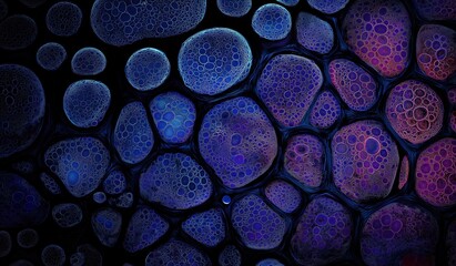 Abstract dark blue and purple background with intricate microscopic cell patterns resembling spheres under electron microscope, creating depth and illusion of miniature worlds within each bubble